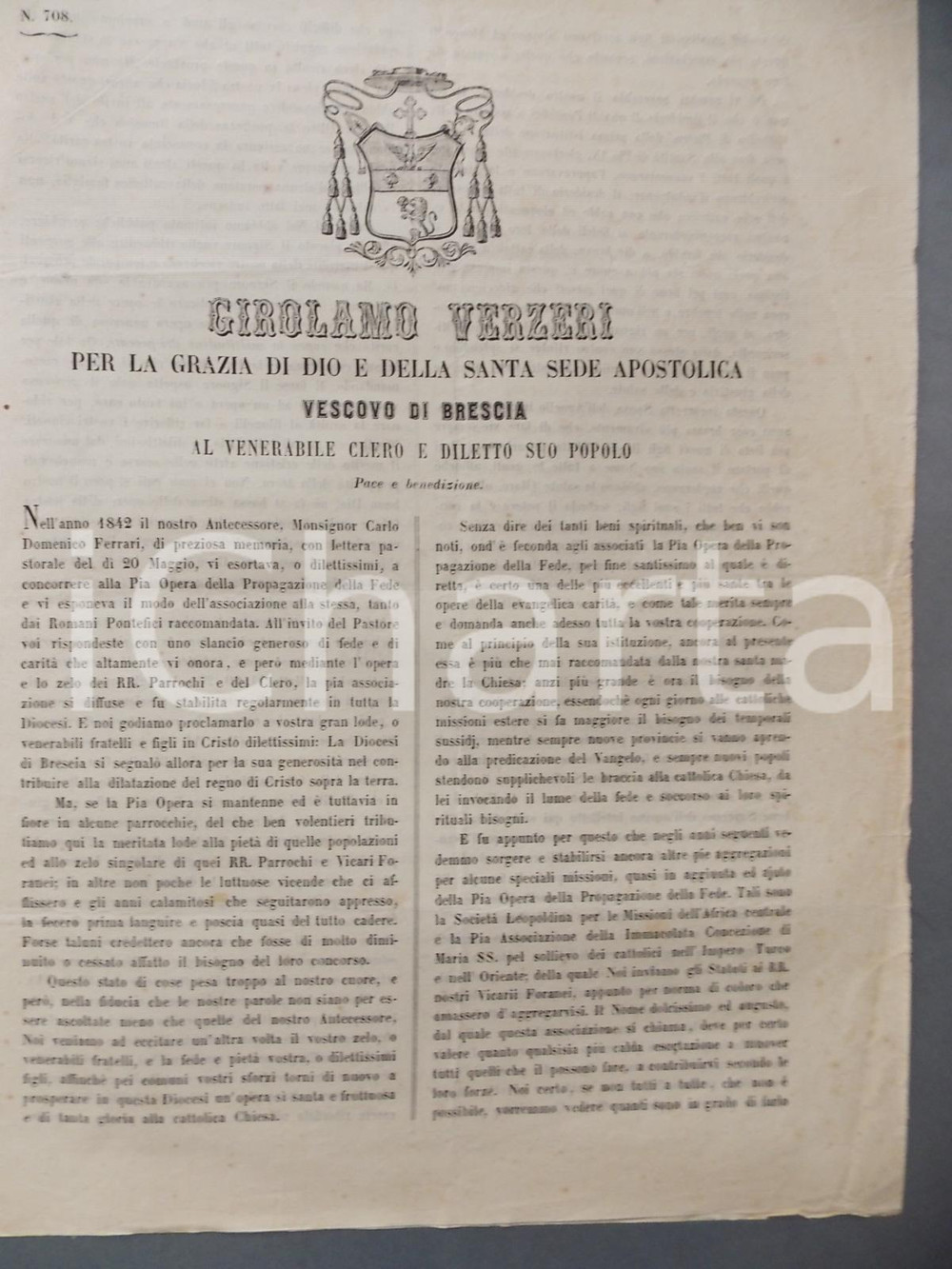 Documento originale, autentico 1858 BRESCIA Vescovo Girolamo VERZERI  Lettera su Opera Propagazione della Fede 1