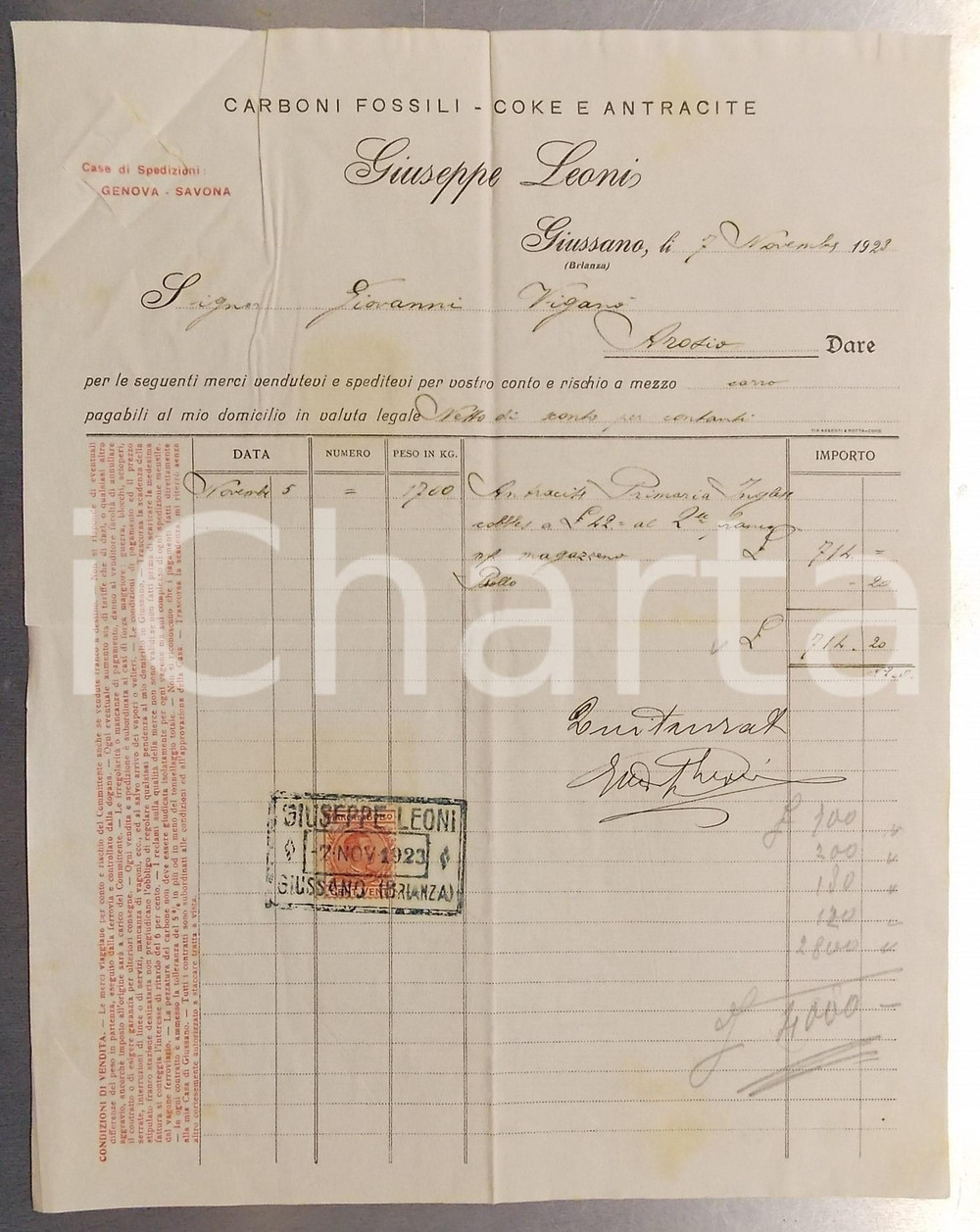 1923 GIUSSANO (MB) Giuseppe LEONI - Carboni fossili *Fattura intestata 