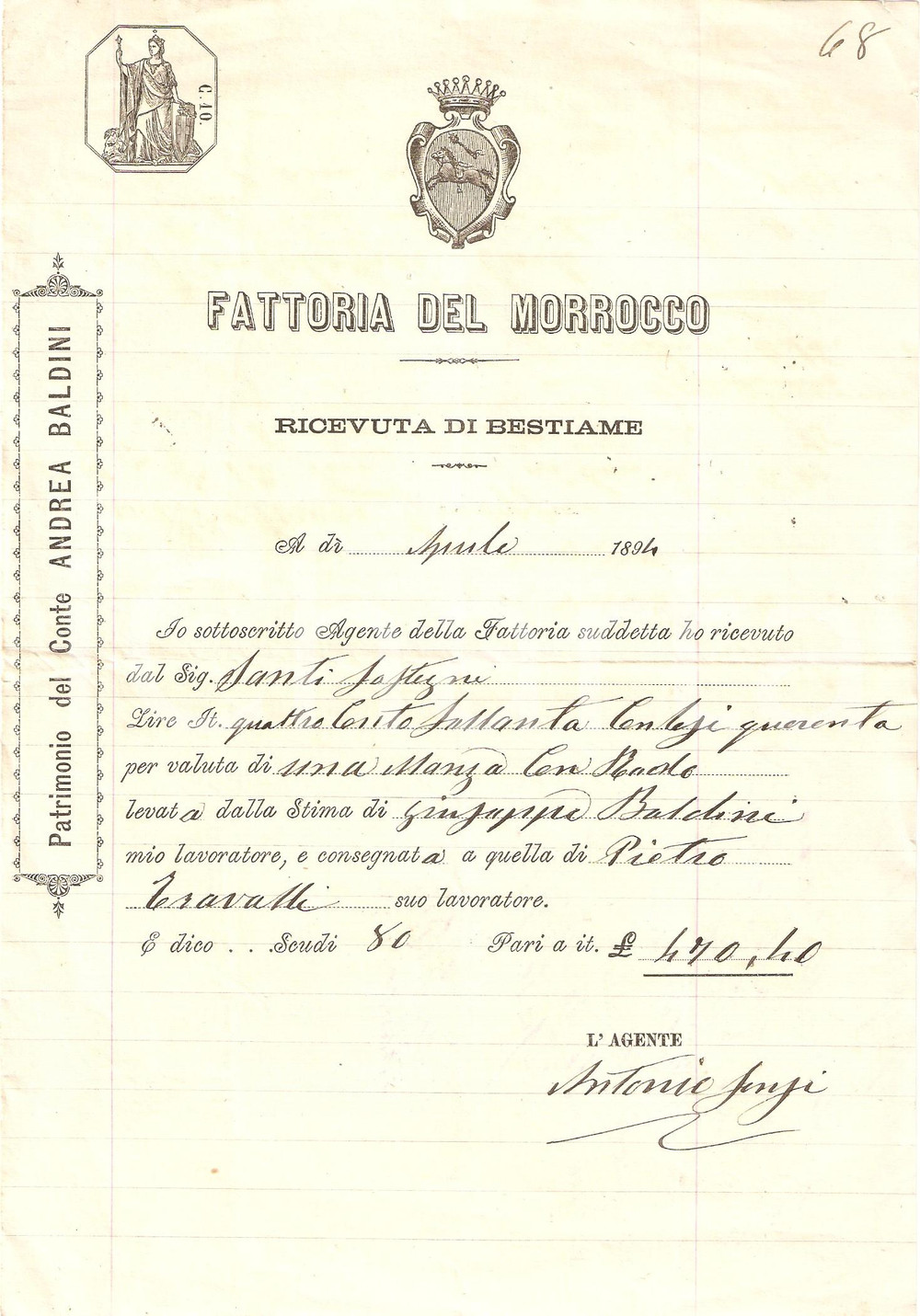 Documento originale, autentico 1894 TAVARNELLE VAL DI PESA FI Fattoria MORROCCO Conte Andrea BALDINI Ricevuta 1
