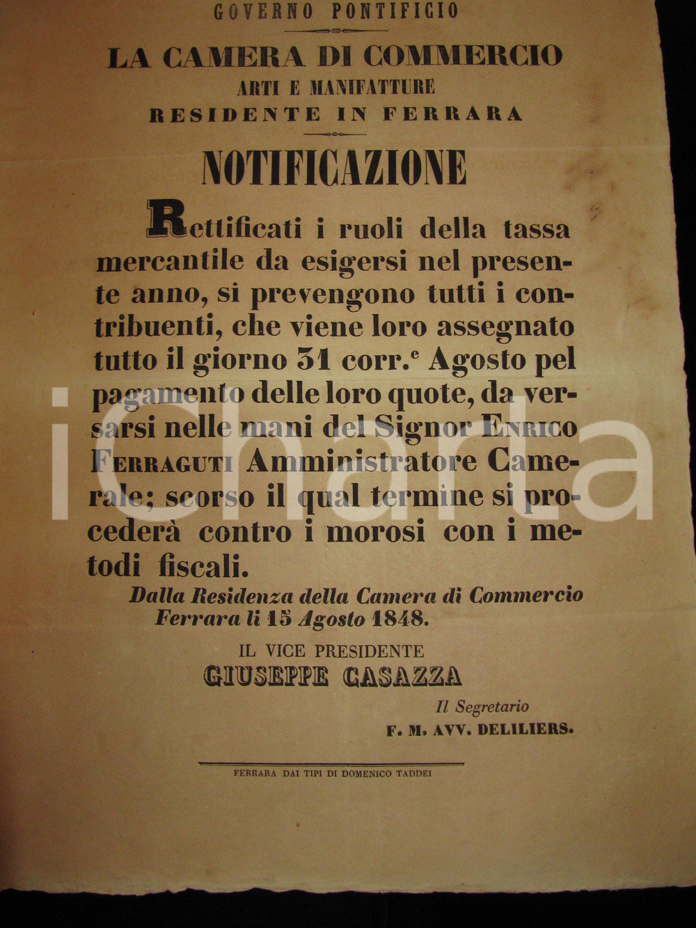 Documento originale, autentico 1848 FERRARA GOVERNO PONTIFICIO Enrico FERRAGUTI riscuote tassa mercantile 1