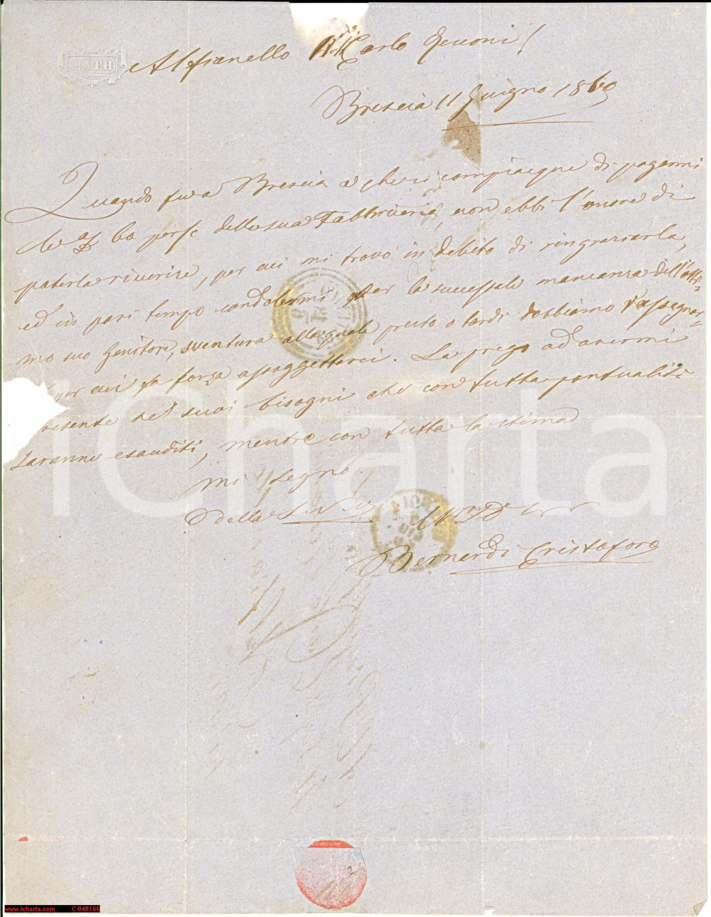 Manoscritto, lettera originale 1860 ALFIANELLO (BS) condoglianze RUSCONI per il padre 1