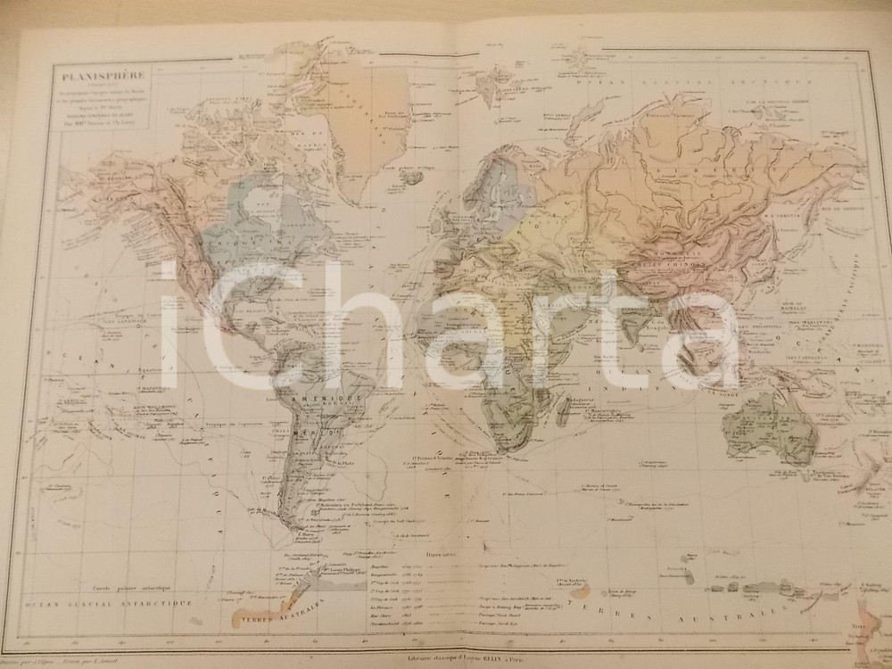 Stampa, bozzetto originale 1884 PARIS DRIOUX  LEROY Atlas universel PlanisphÃ¨re voyages 46x32 cm 1