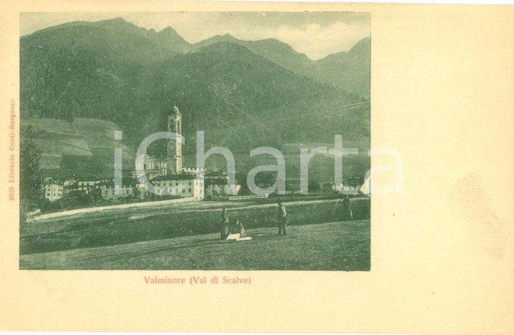 Cartolina originale da collezione 1915 ca VILMINORE DI SCALVE (BG) Picnic nei campi e panorama del paese Cartolina 1