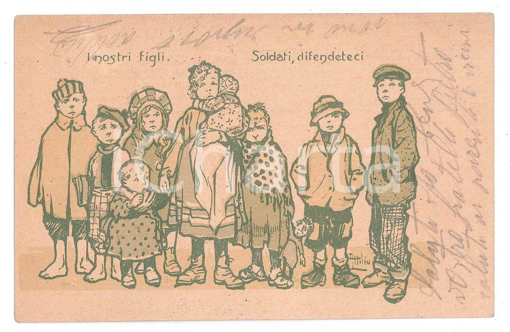 1918 WW1 Attilio MUSSINO - "I nostri figli" *Cartolina in franchigia R. ESERCITO  Cartolina d'epoca, viaggiata. GOOD/buono  Formato: 14x9 cm originale e autentica 1