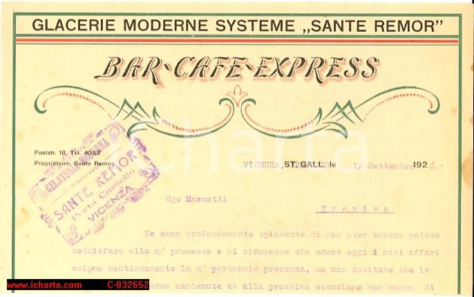 Manoscritto, lettera originale 1926 Vicenza GELATERIA MODERNA Autografo Sante Remor 1