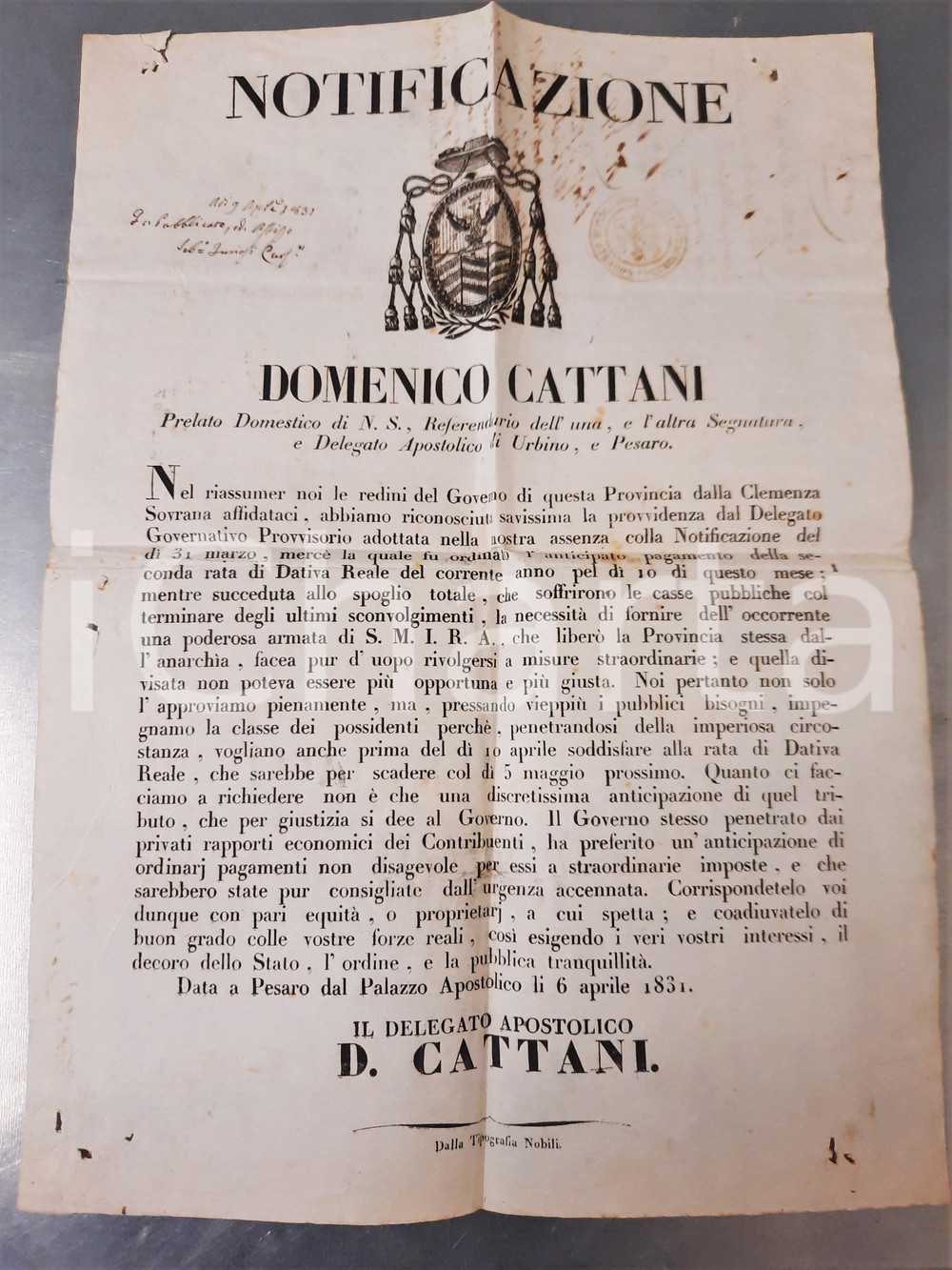 Documento originale, autentico 1831 STATO PONTIFICIO Dativa Reale per finanziare esercito MOTI RISORGIMENTO 1