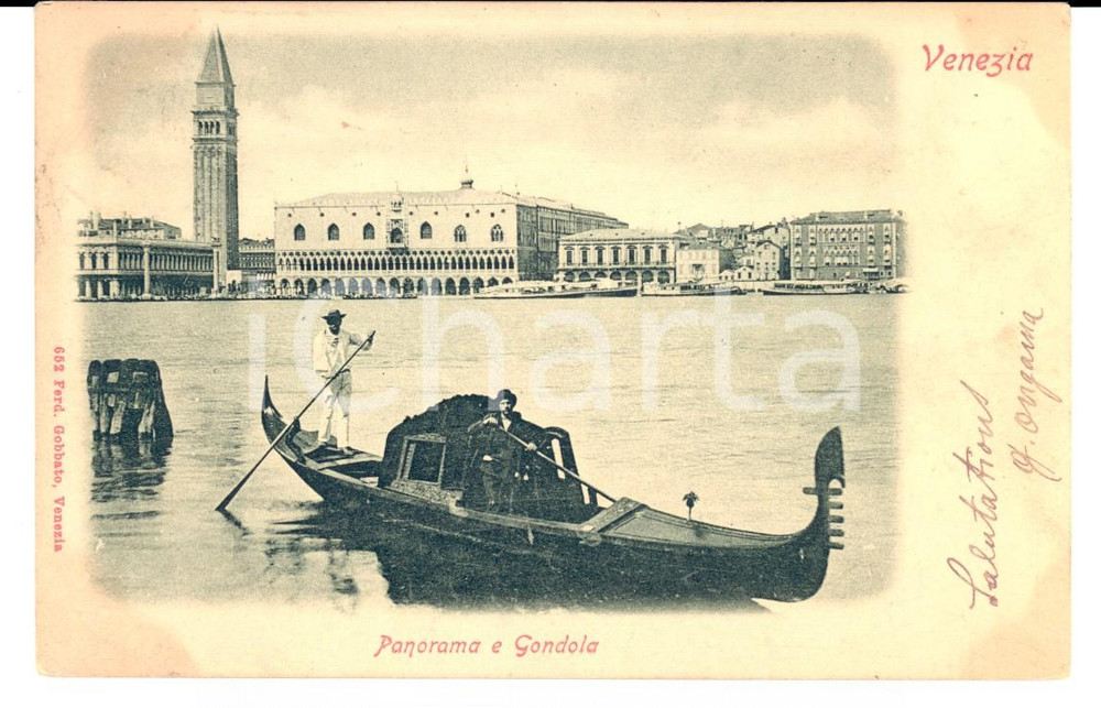 Autografo originale 1900 ca VENEZIA Panorama e gondola Autografo Giuseppe ONGANIA FP VG 1