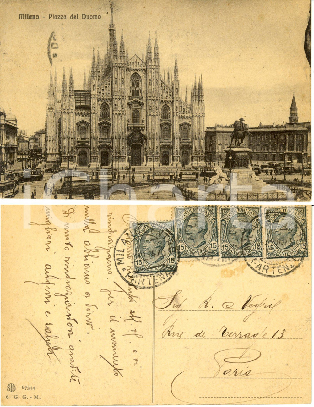 Cartolina originale da collezione 1924 STORIA POSTALE MILANO Piazza Duomo Striscia di 4 del 15 cent. FP VG 1