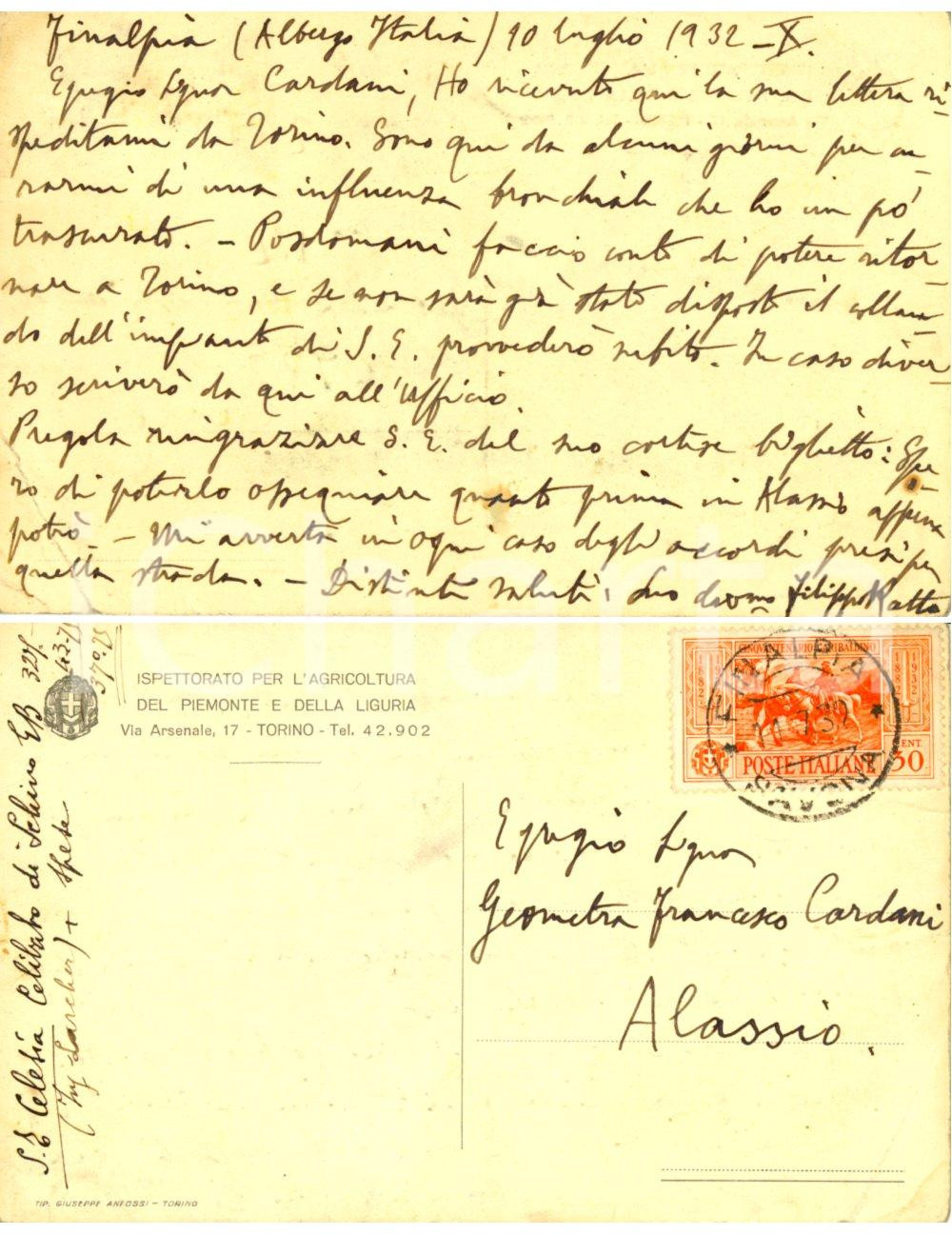 Cartolina originale da collezione 1932 FINALE LIGURE Ispettore Filippo RATTO bloccato dall influenza Cartolina 1