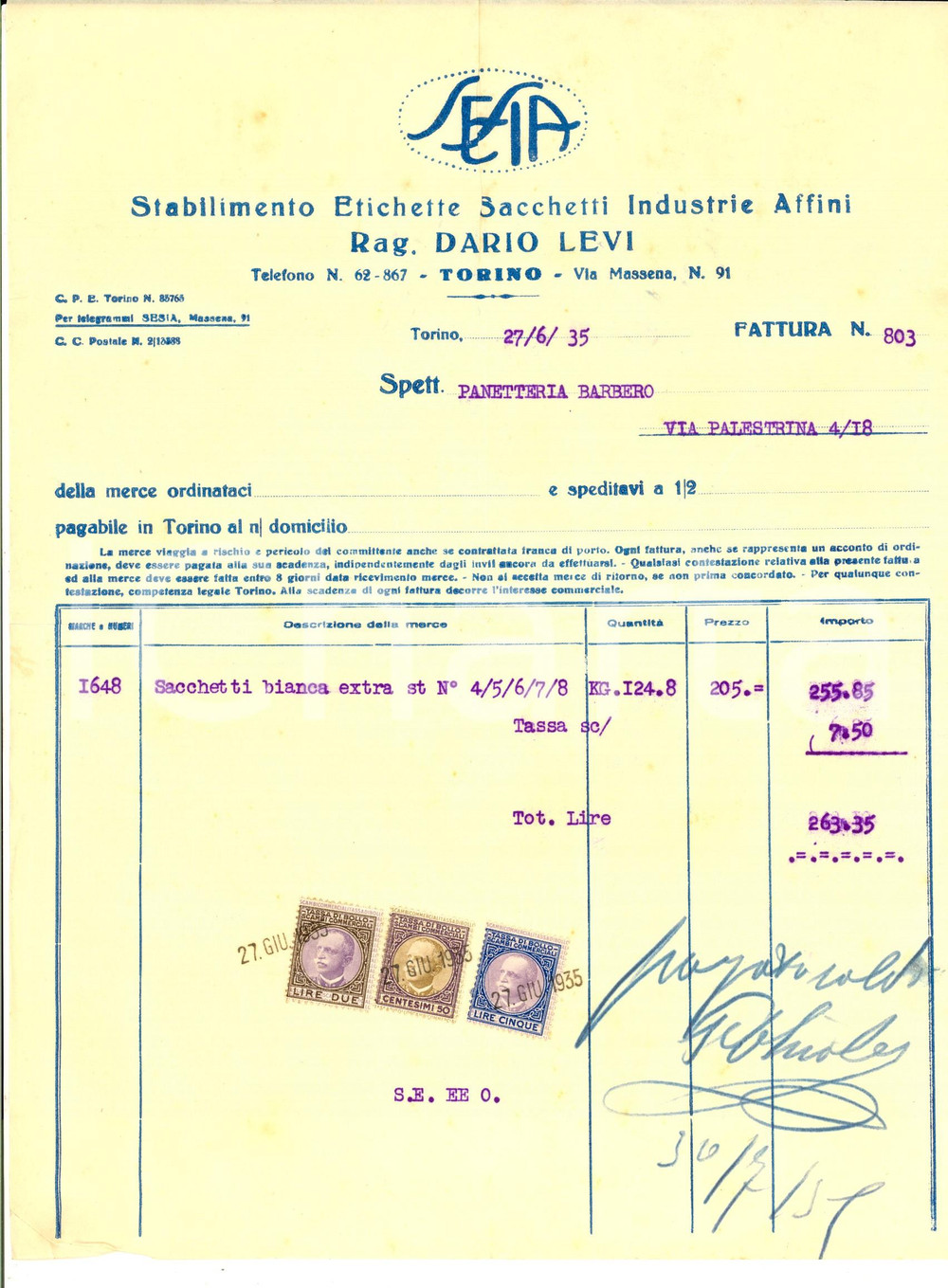 Documento originale, autentico 1935 TORINO Stabilimento etichette SESIA Rag. Dario LEVI Fattura intestata 1