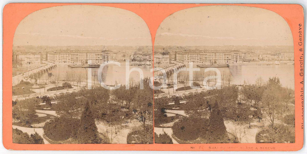 1880 ca SUISSE - GENEVE Quai di Mont Blanc *Stereoview A. GARCIN n° 26 Fotografia stereoscopica d'epoca, su cartoncino rigido.  FAIR/discreto lievi macchie Formato: 18x9 cm originale e autentica 1