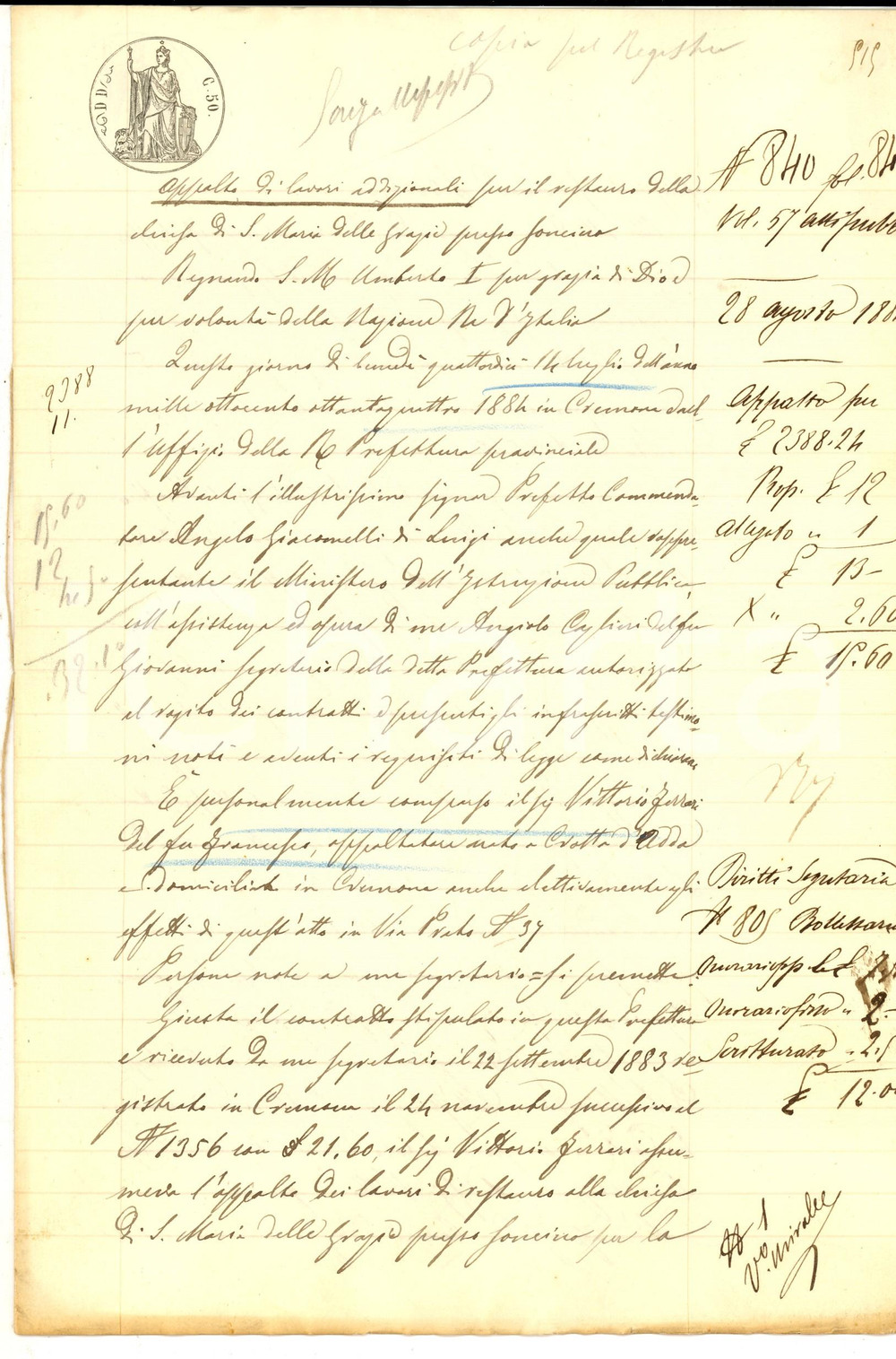 Documento originale, autentico 1884 SOSPIRO CR Appalto a Vittorio FERRARI per lavori S. MARIA DELLE GRAZIE 1