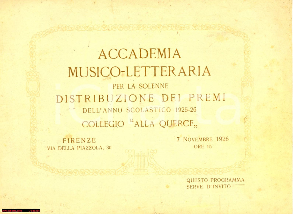 Oggetto da collezione cartaceo 1926 FIRENZE COLLEGIO ALLA QUERCE invito premiazione anno scolastico 1