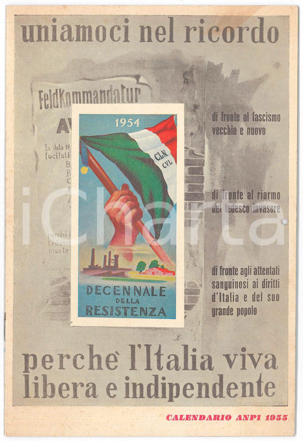 Oggetto da collezione cartaceo 1955 Calendario ANPI Decennale della Resistenza  Uniamoci nel ricordo 1