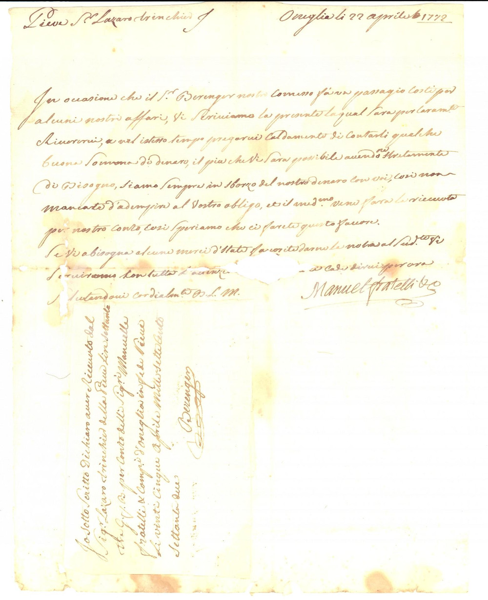Manoscritto, lettera originale 1772 ONEGLIA IM Fratelli MANUELLI riscuotono da Lazzaro TRINCHIERI Lettera 1