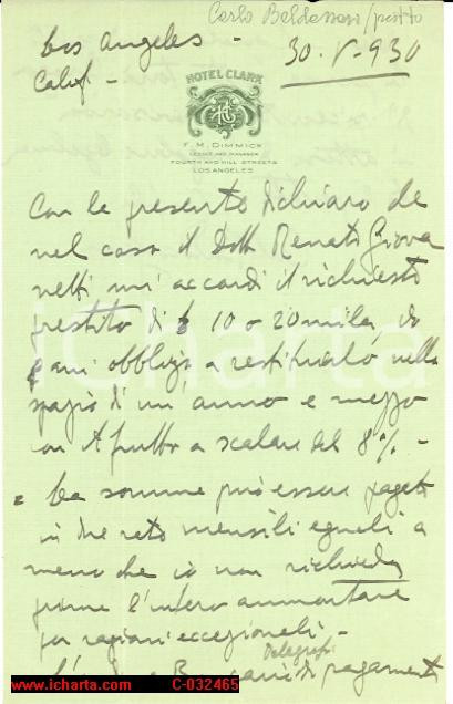 Materiale pubblicitario d’epoca 1930 Los Angeles HOTEL CLARK  F.M. DIMMICK Lettera Carlo Baldassari 1