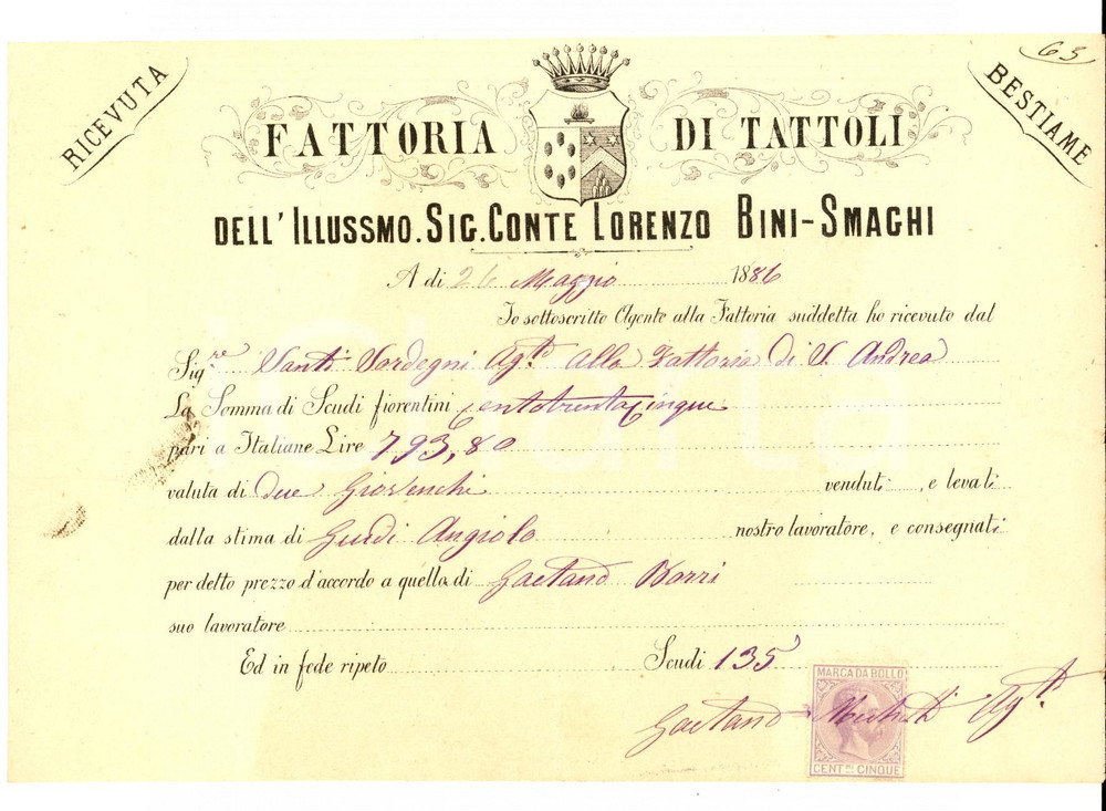 Documento originale, autentico 1886 SAN CASCIANO VAL DI PESA FI Fattoria TATTOLI Lorenzo BINISMAGHI Ricevuta 1
