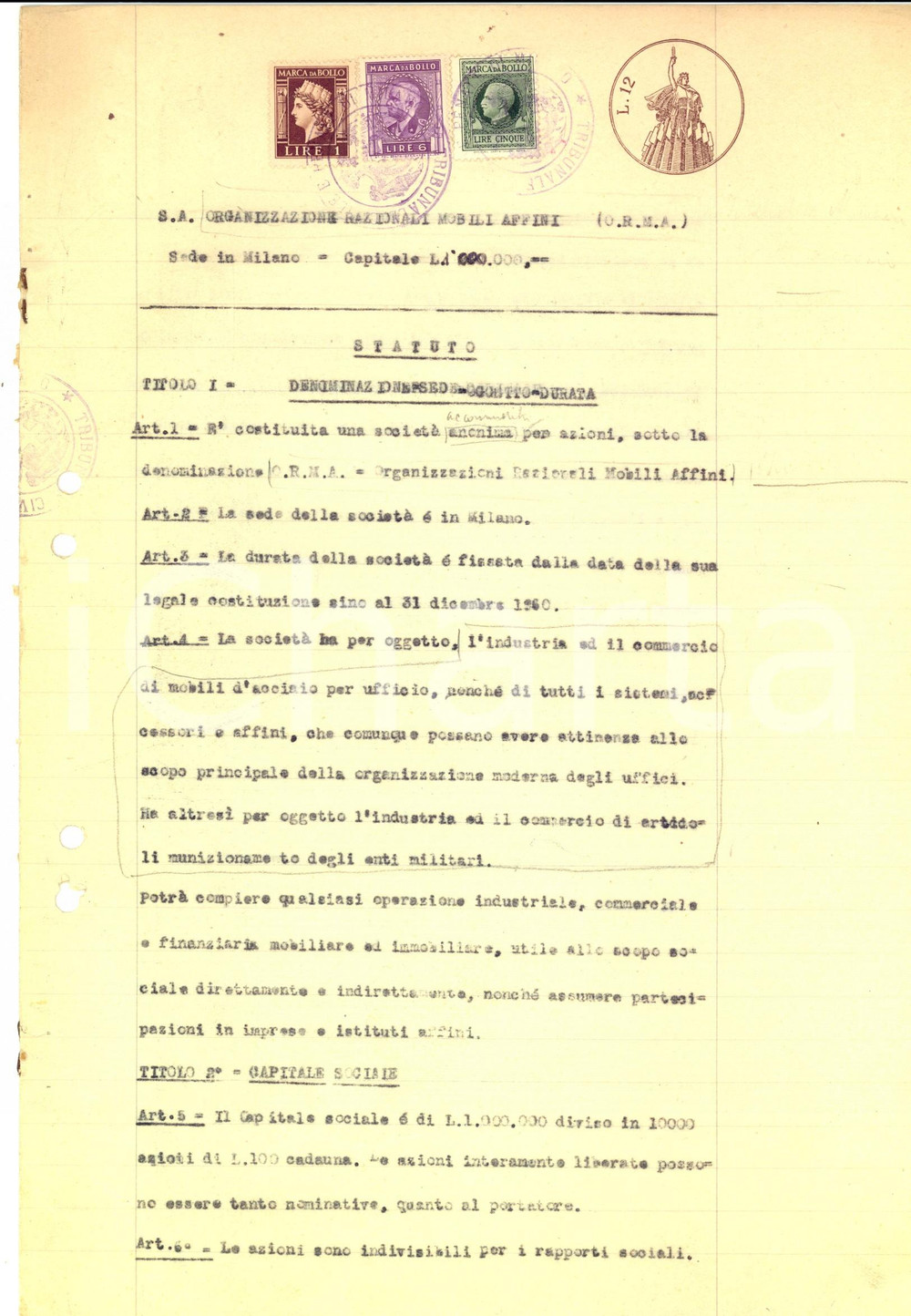 Documento originale, autentico 1945 MILANO Statuto S. A. Organizzazione Nazionali Mobili Affini *Documento 1
