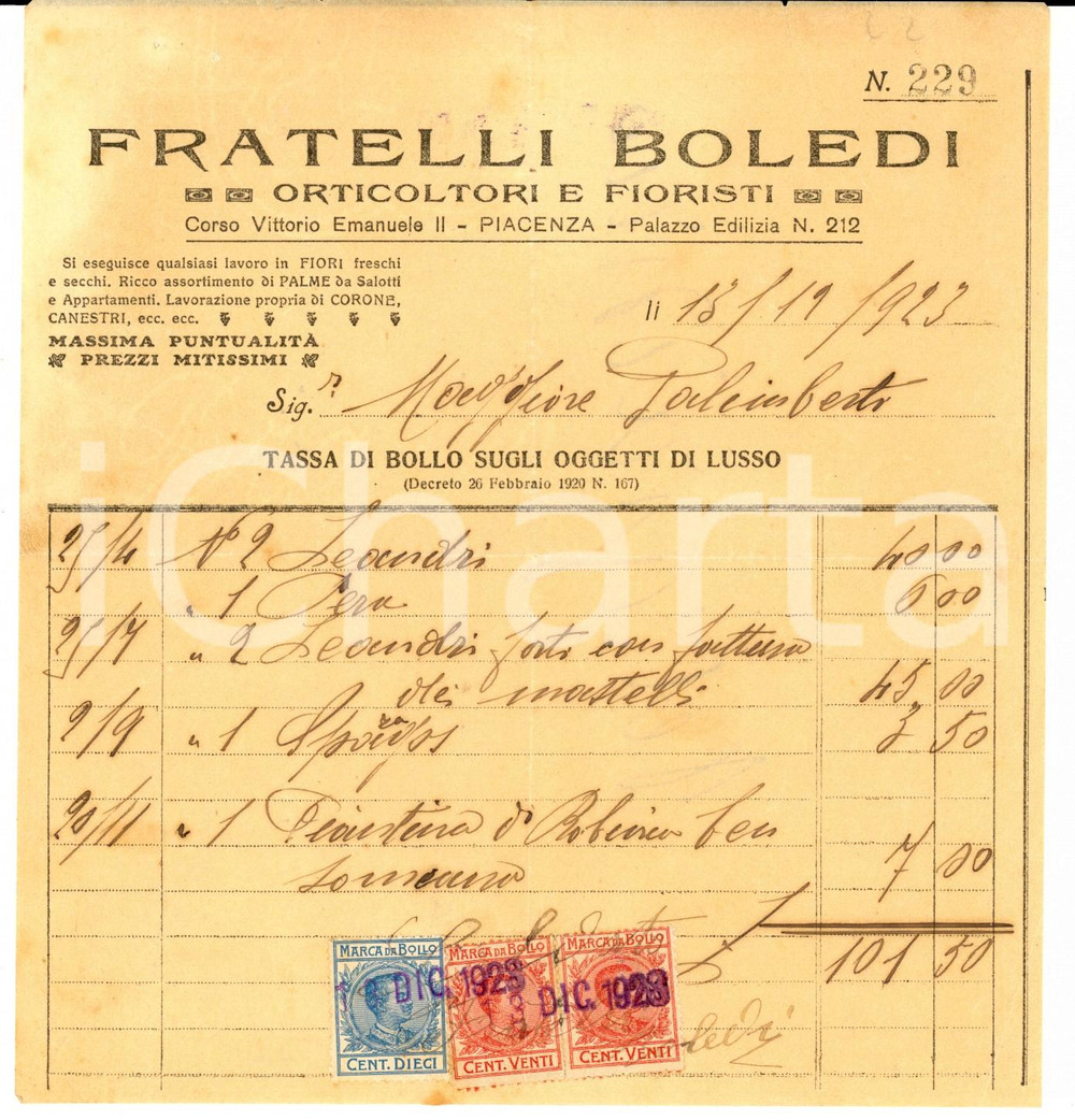 Documento originale, autentico 1923 PIACENZA FRATELLI BOLEDI Orticoltori e fioristi Fattura intestata 1