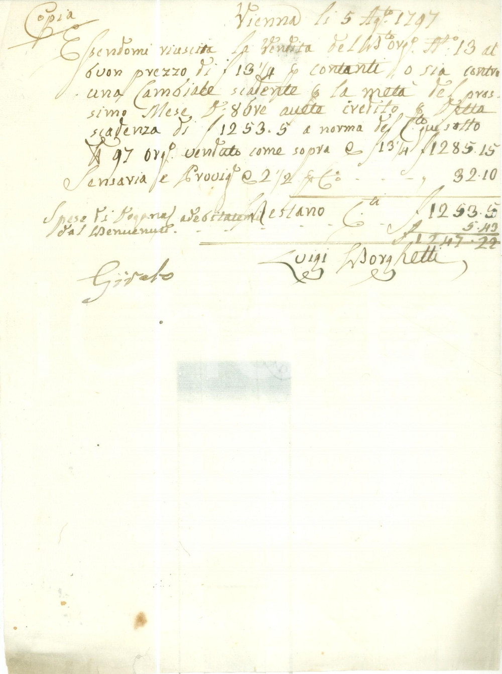 Documento originale, autentico 1797 VIENNA Luigi BORGHETTI Conto di vendita e provvigione Fattura manoscritta 1