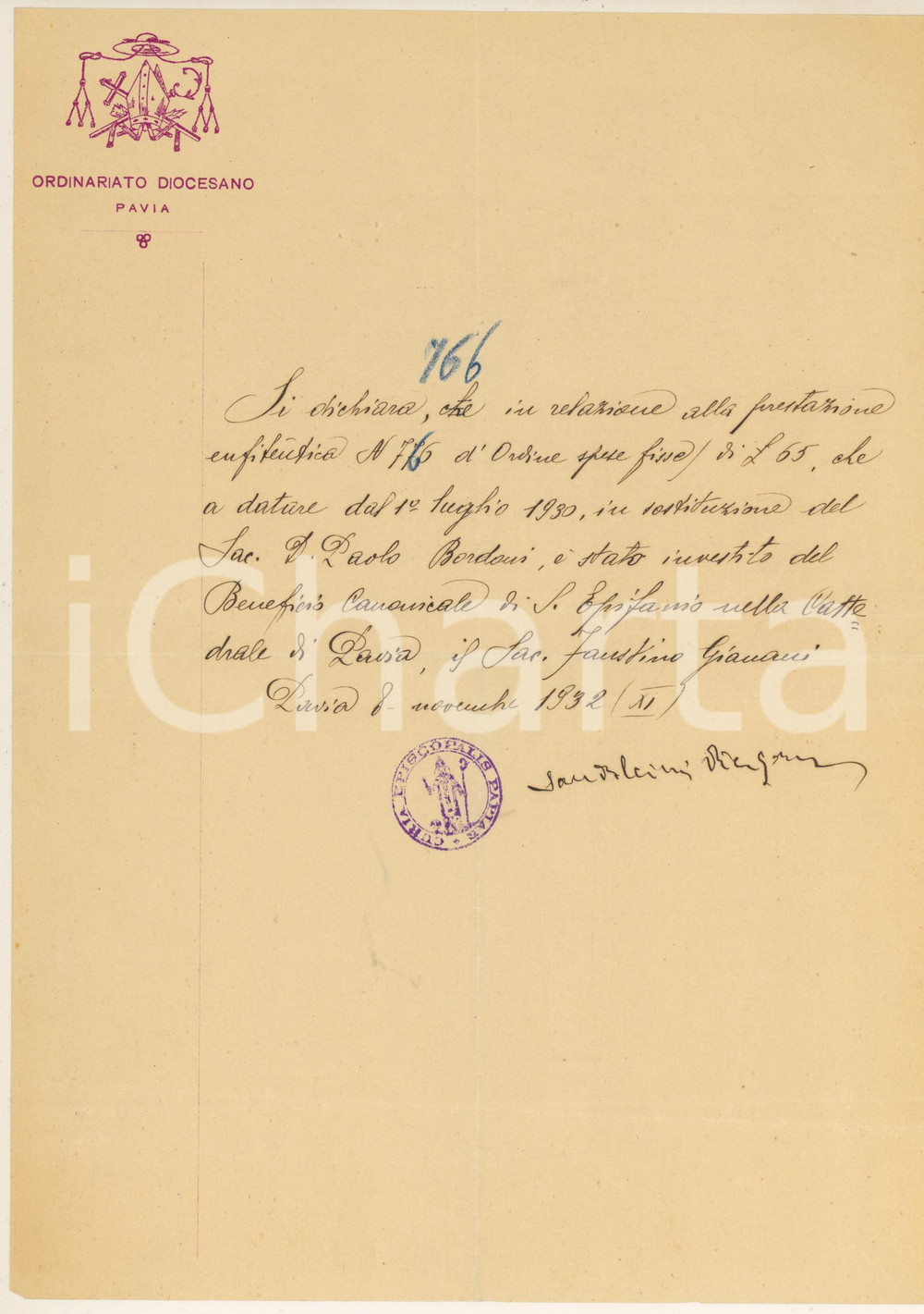 Documento originale, autentico 1932 PAVIA Investitura don Faustino GIANONI per beneficio S. EPIFANIO Lettera 1