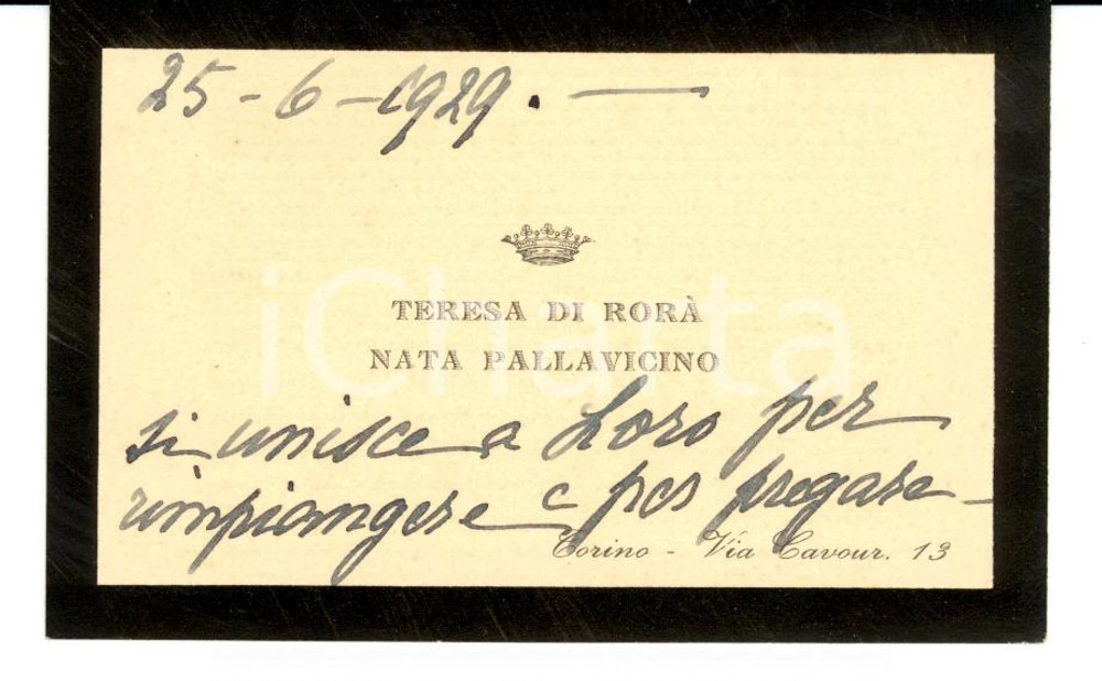 Autografo originale 1929 TORINO Biglietto Teresa PALLAVICINO DI RORA' Autografo 1