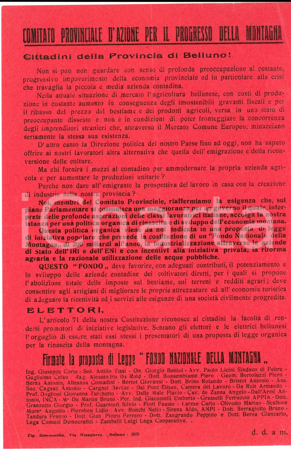 Materiale pubblicitario d’epoca 1959 BELLUNO Proposta legge pro FONDO NAZIONALE DELLA MONTAGNA Propaganda 1
