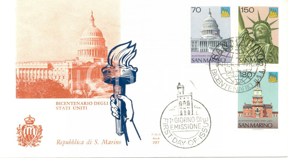 Materiale pubblicitario d’epoca 1976 REPUBBLICA SAN MARINO Bicentenario Stati Uniti annullo BUSTA PRIMO GIORNO 1