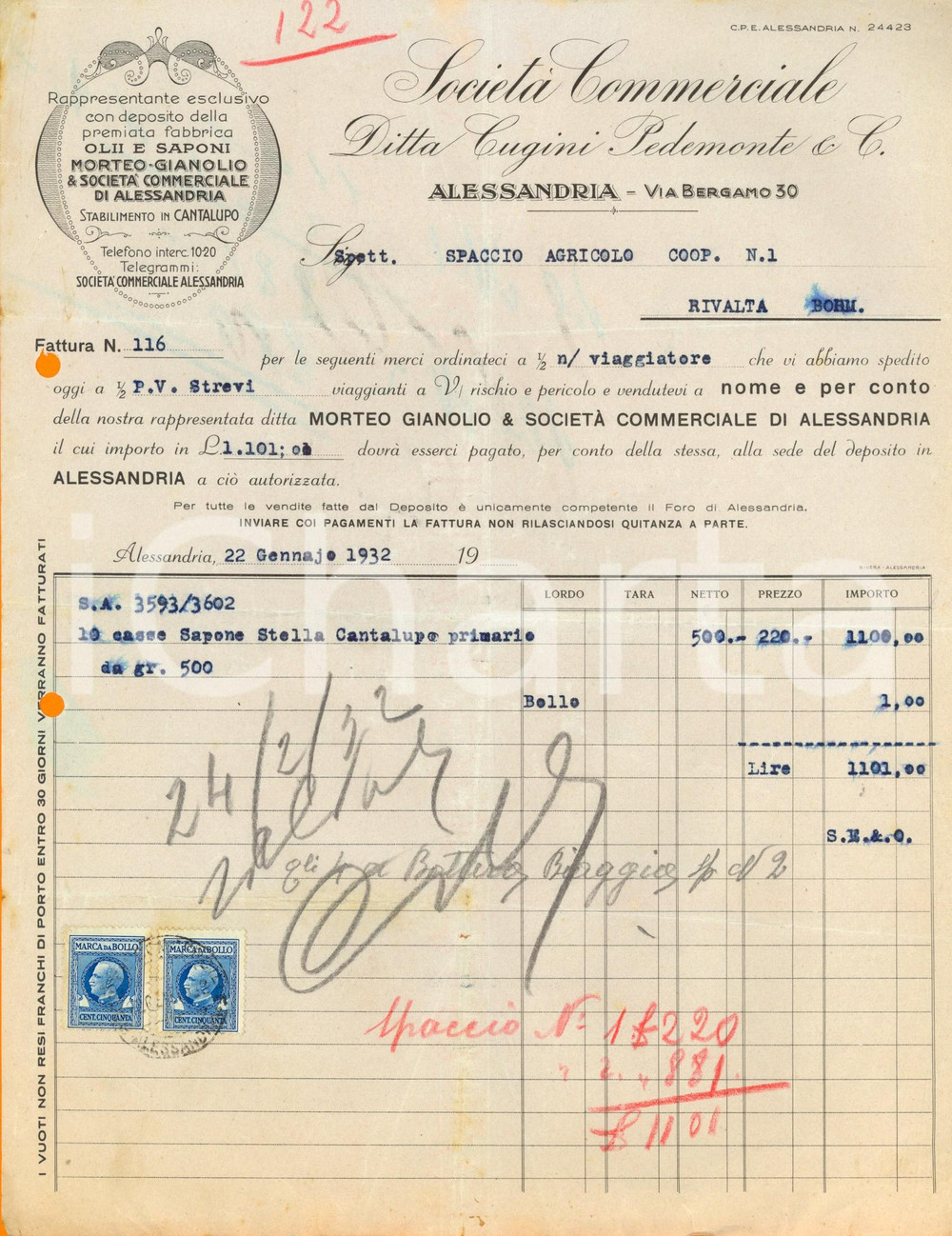 Documento originale, autentico 1932 ALESSANDRIA Ditta PEDEMONTE & C.  MORTEO GIANOLO Fabbrica olii e saponi 1