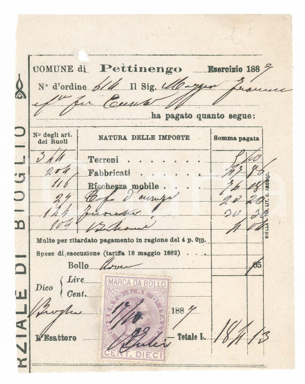 Documento originale, autentico 1889 PETTINENGO ricevuta pagam. imposte in bollo 1