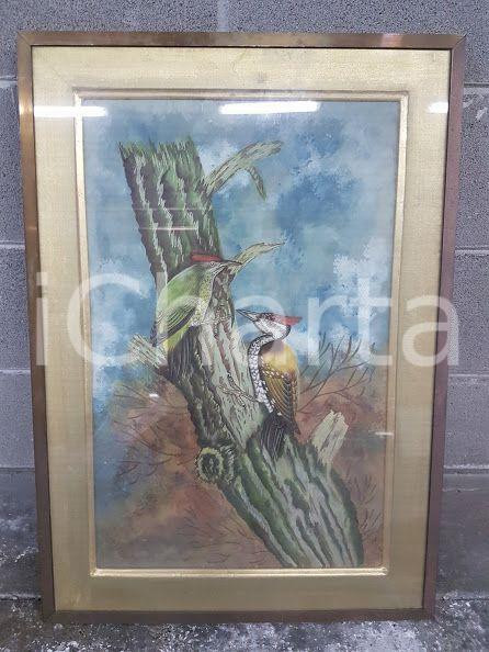 1975 CINA VINTAGE Picchio verde e giallo su un tronco - quadro 49 x 69,3 cm