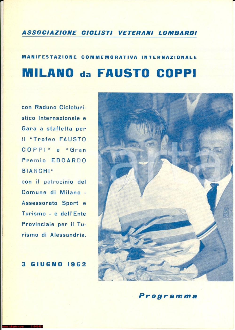 Materiale pubblicitario d’epoca 1962 CICLISTI VETERANI LOMBARDI memoriale FAUSTO COPPI 1