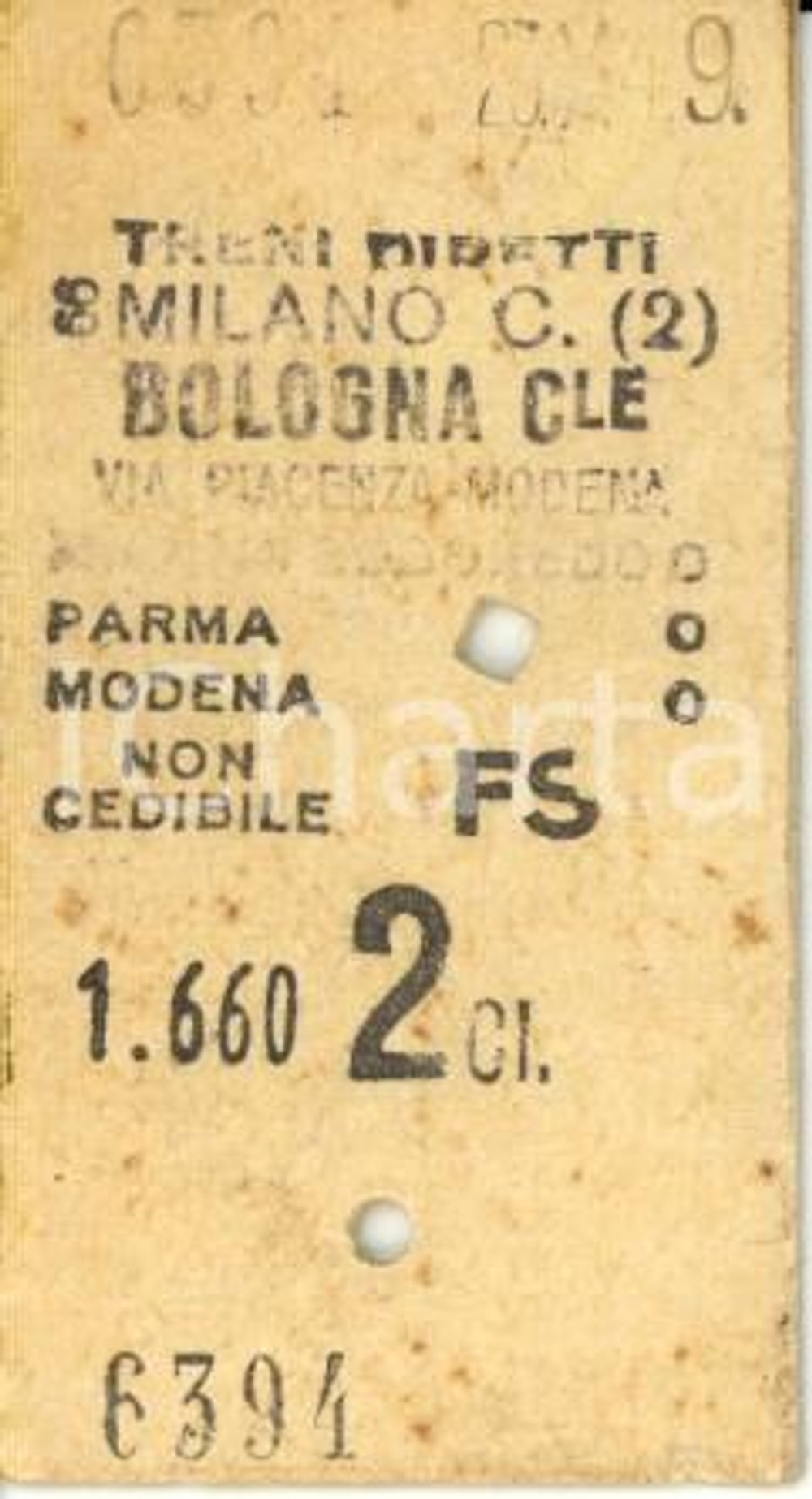 Oggetto da collezione cartaceo 1949 FF.SS. MILANO - BOLOGNA Biglietto ferroviario treno diretto seconda classe 1