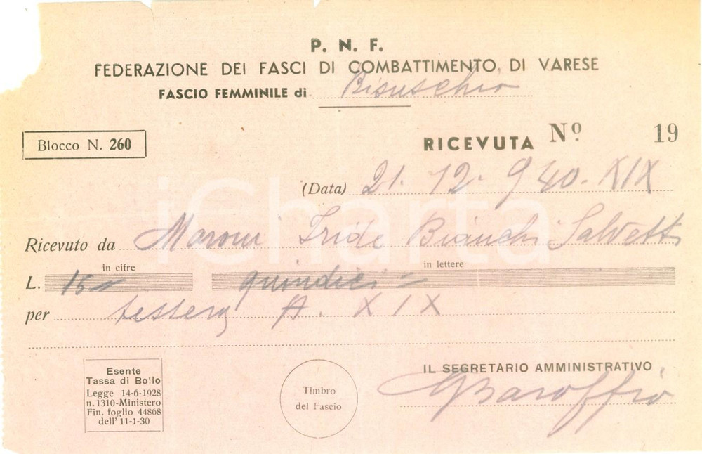 Documento originale, autentico 1940 BISUSCHIO VA Fasci di Combattimento Ricevuta per Iride BIANCHI SALVETTI 1