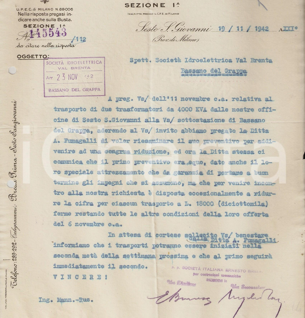 Documento originale, autentico 1942 SESTO SAN GIOVANNI SocietÃ  Ernesto BREDA Lettera trasporto trasformatori 1