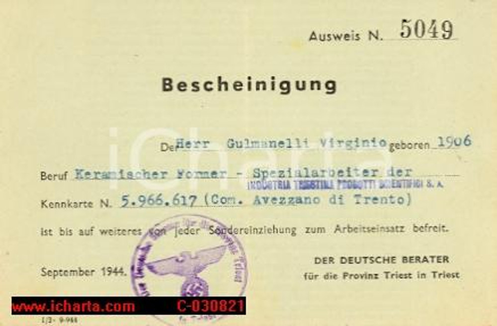 Documento originale, autentico 1944 TRIESTE Esenzione servizio per Virgino GULMANELLI 1