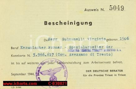 Documento originale, autentico 1944 TRIESTE Esenzione servizio per Virgino GULMANELLI, ceramista 1
