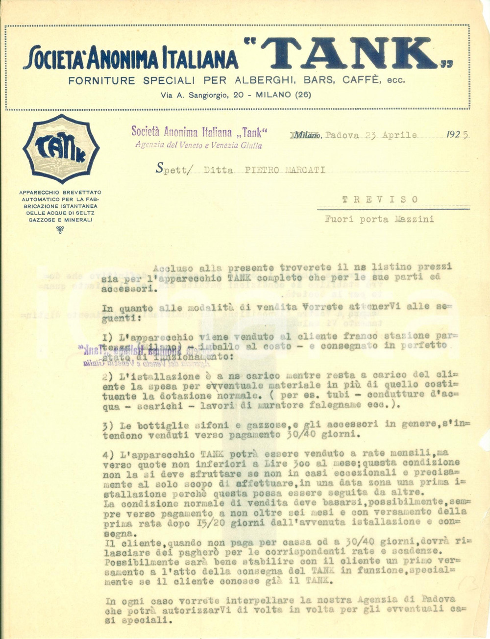 Documento originale, autentico 1925 MILANO Via Abbondio Sangiorgio 20 S.A. Italiana TANK Forniture alberghi bar 1