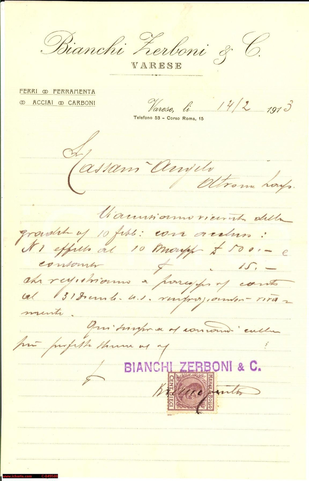 Documento originale, autentico 1913 VARESE Ferri e acciai BIANCHI ZERBONI & C. 1