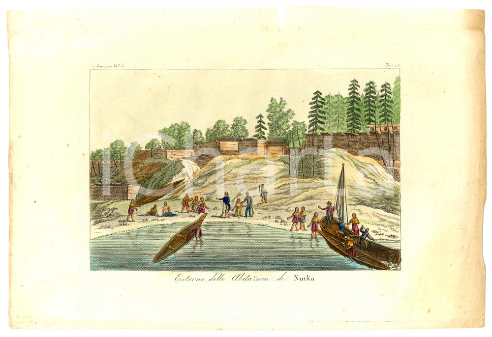 Stampa, bozzetto originale 1830 AMERICA Abitazioni di NUTKA NOOTKA Col. a mano 1
