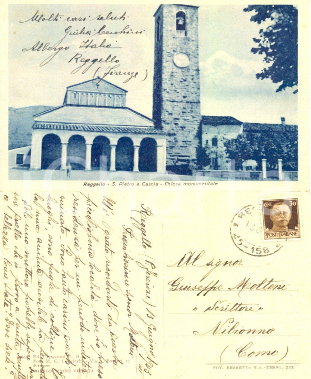 Cartolina originale da collezione 1943 REGGELLO (FI) Pieve SAN PIETRO *Cartolina allo scrittore Giuseppe MOLTENI 1