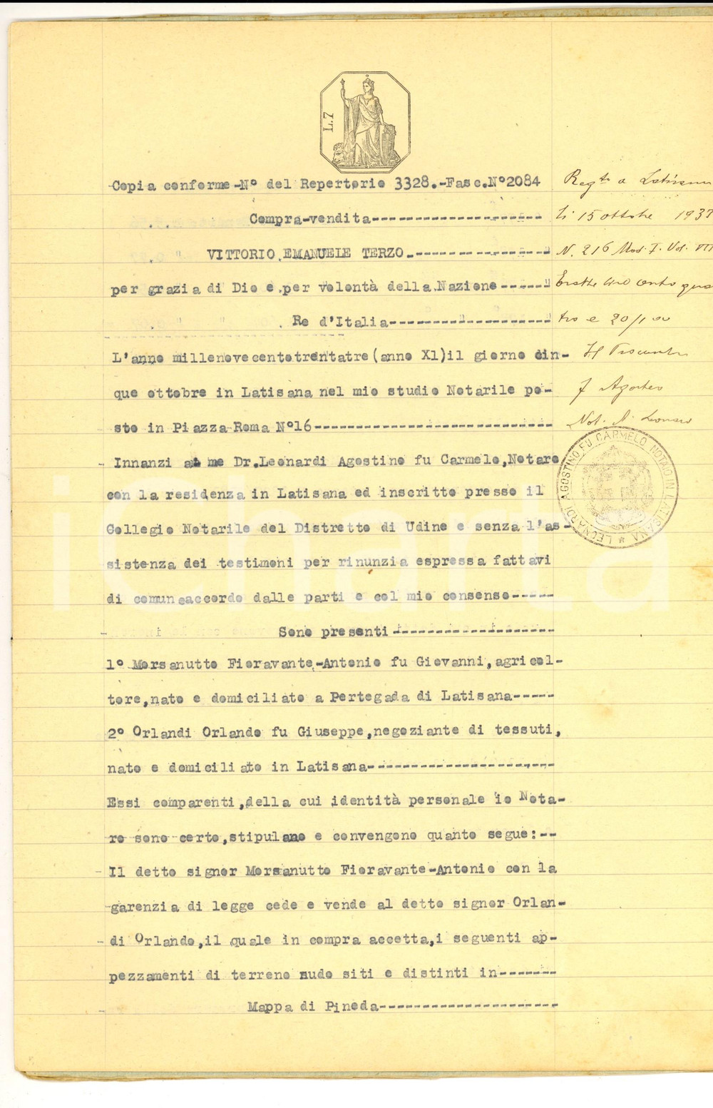 Documento originale, autentico 1933 LATISANA Fioravante MORSANUTTO vende terre a Giuseppe ORLANDI ORLANDO 1