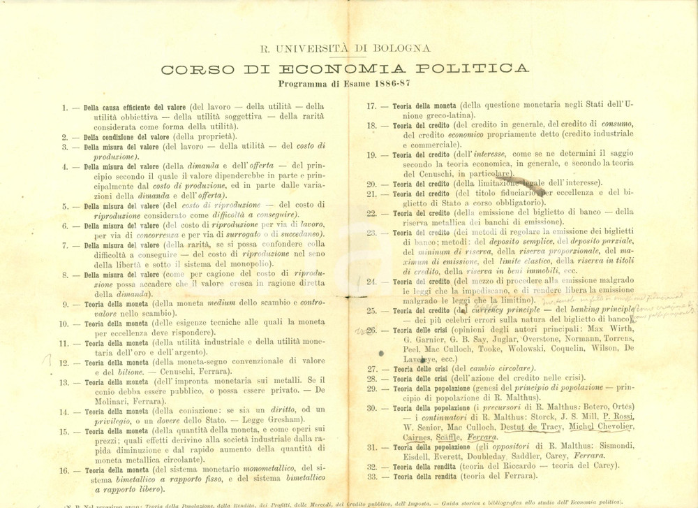 Documento originale, autentico 1886 BOLOGNA Programma esami Corso ECONOMIA POLITICA Documento 1