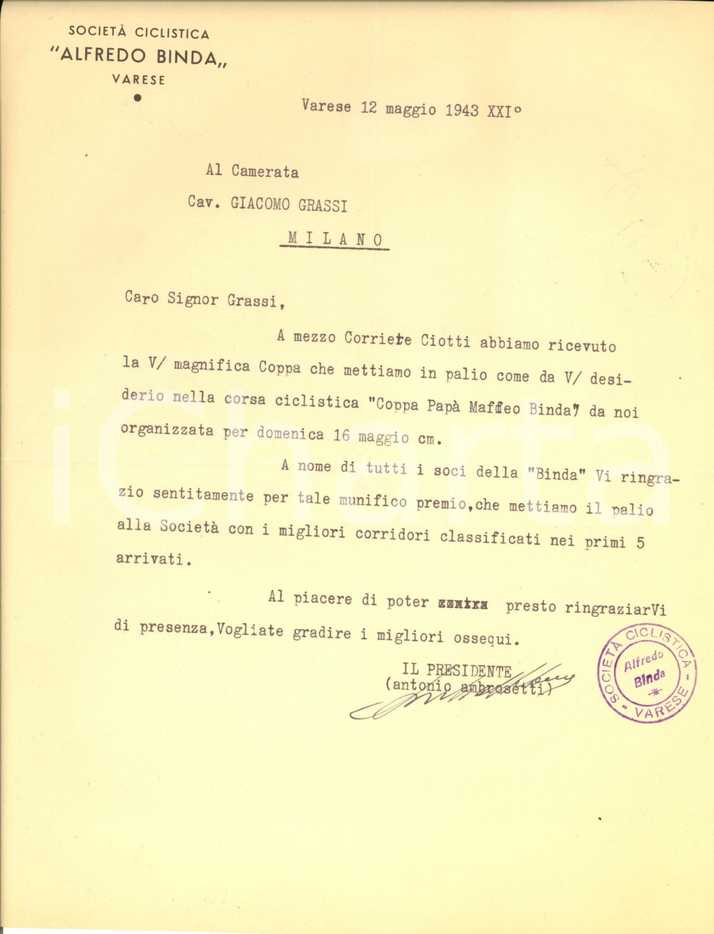 Autografo originale 1943 VARESE SocietÃ  Ciclistica Alfredo Binda  Antonio AMBROSETTI Autografo 1