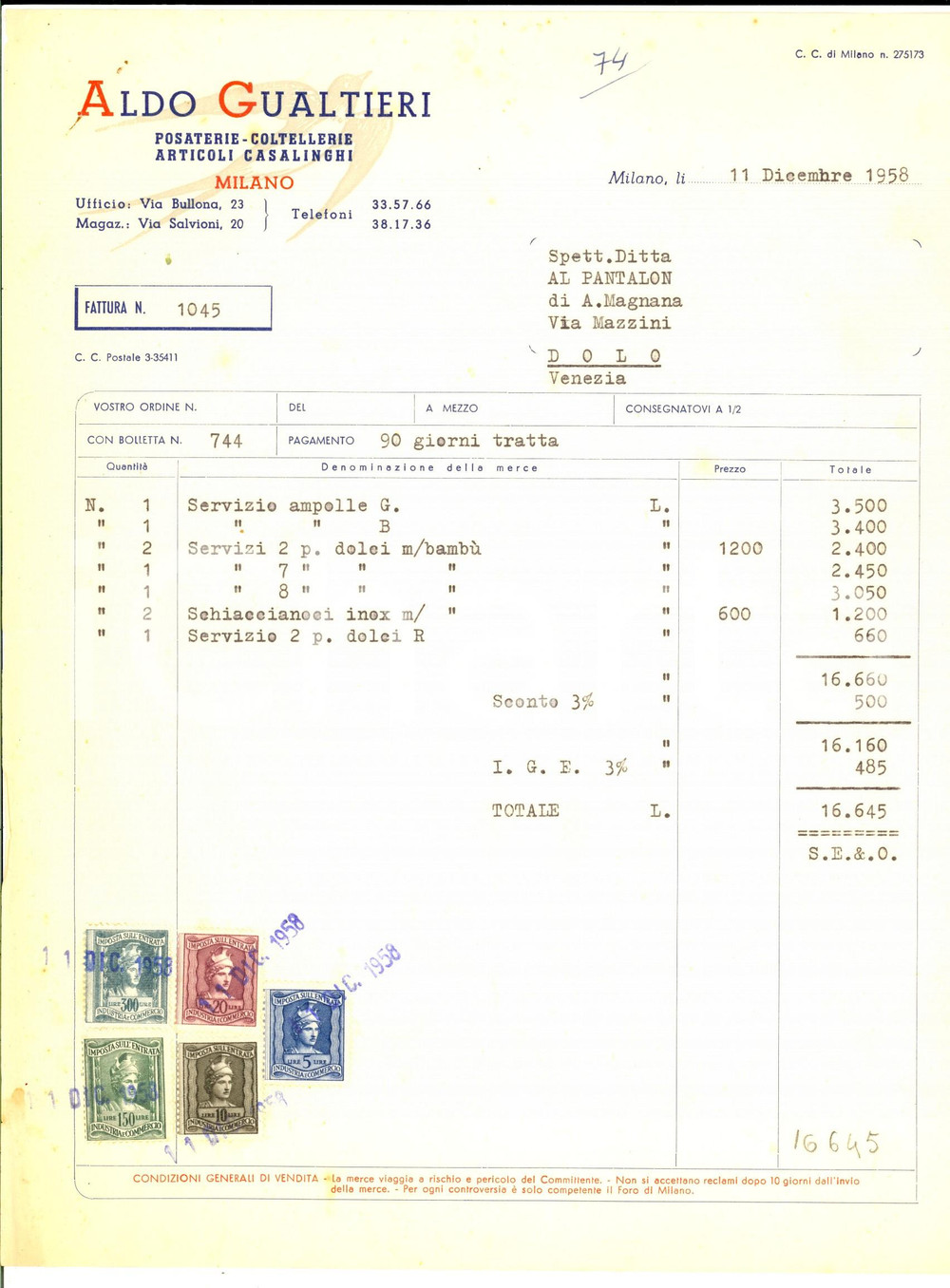 Documento originale, autentico 1958 MILANO Ditta Aldo GUALTIERI posaterie e coltellerie Fattura con bolli 1