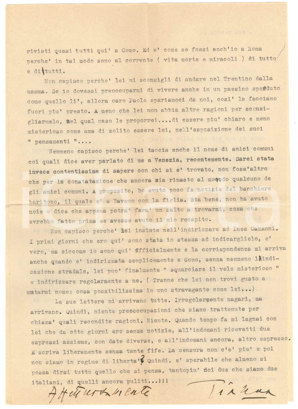 Autografo originale 1945 s. l. Soprano Gianna PEDERZINI Tutto il mondo Ã¨ impazzito AUTOGRAFO 1