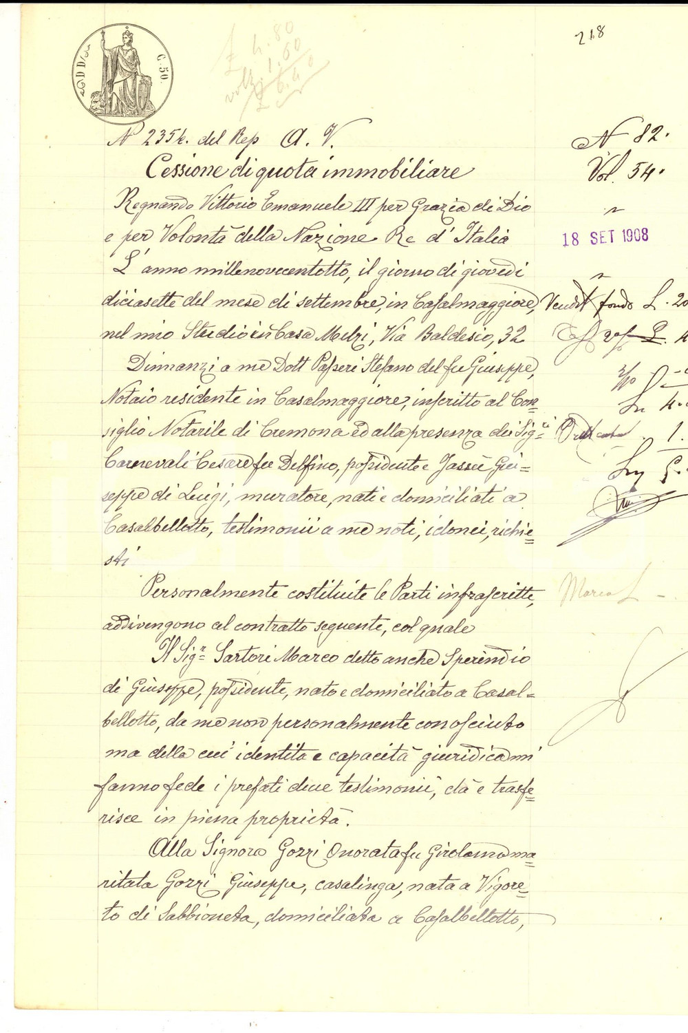 Documento originale, autentico 1908 CASALBELLOTTO CR Marco SARTORI cede a Onorata GOZZI interessenza in terra 1