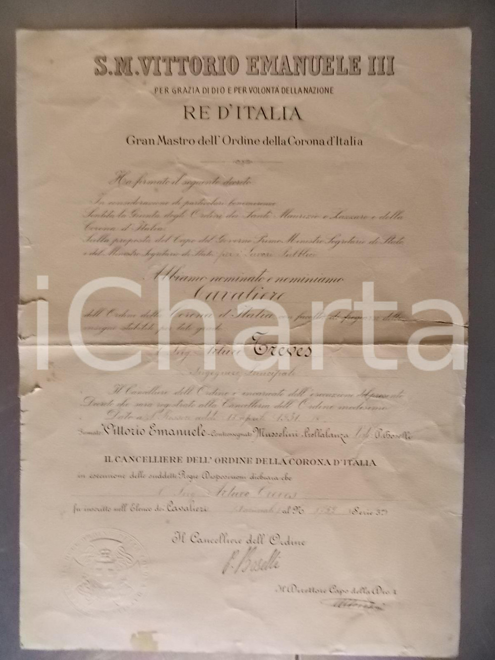 Documento originale, autentico 1931 PISA Ing. Arturo TREVES cavaliere Ordine della CORONA D ITALIA Decreto 1
