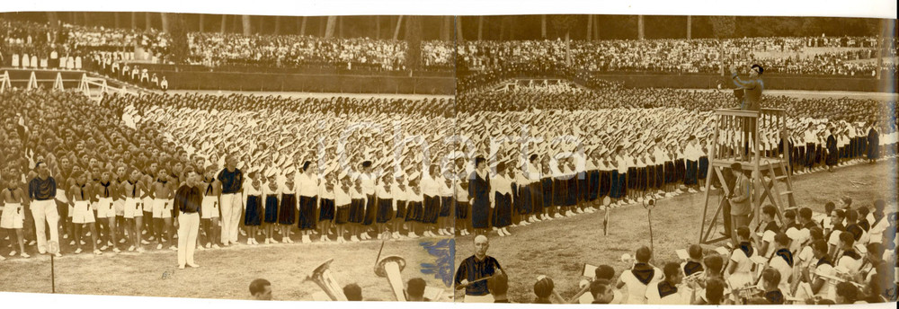 Fotografia d epoca originale 1936 ROMA CAMPO DUX Discorso agli avanguardisti schierati Foto DOPPIA 38x12 1