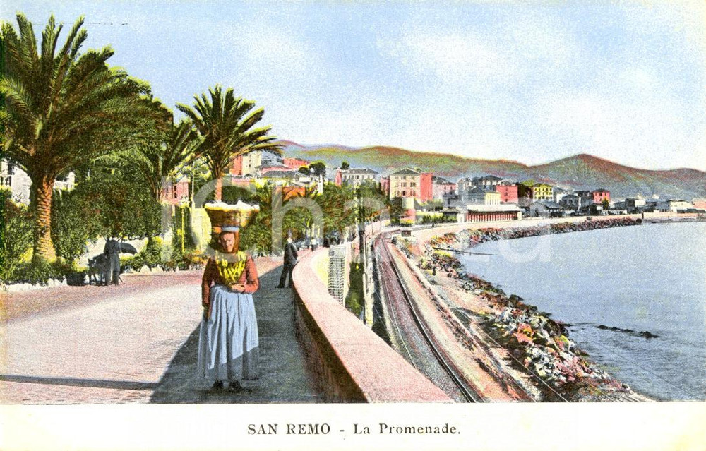 Cartolina originale da collezione 1900 ca SANREMO IM La promenade e la ferrovia sul lungomare ANIMATA FP NV 1